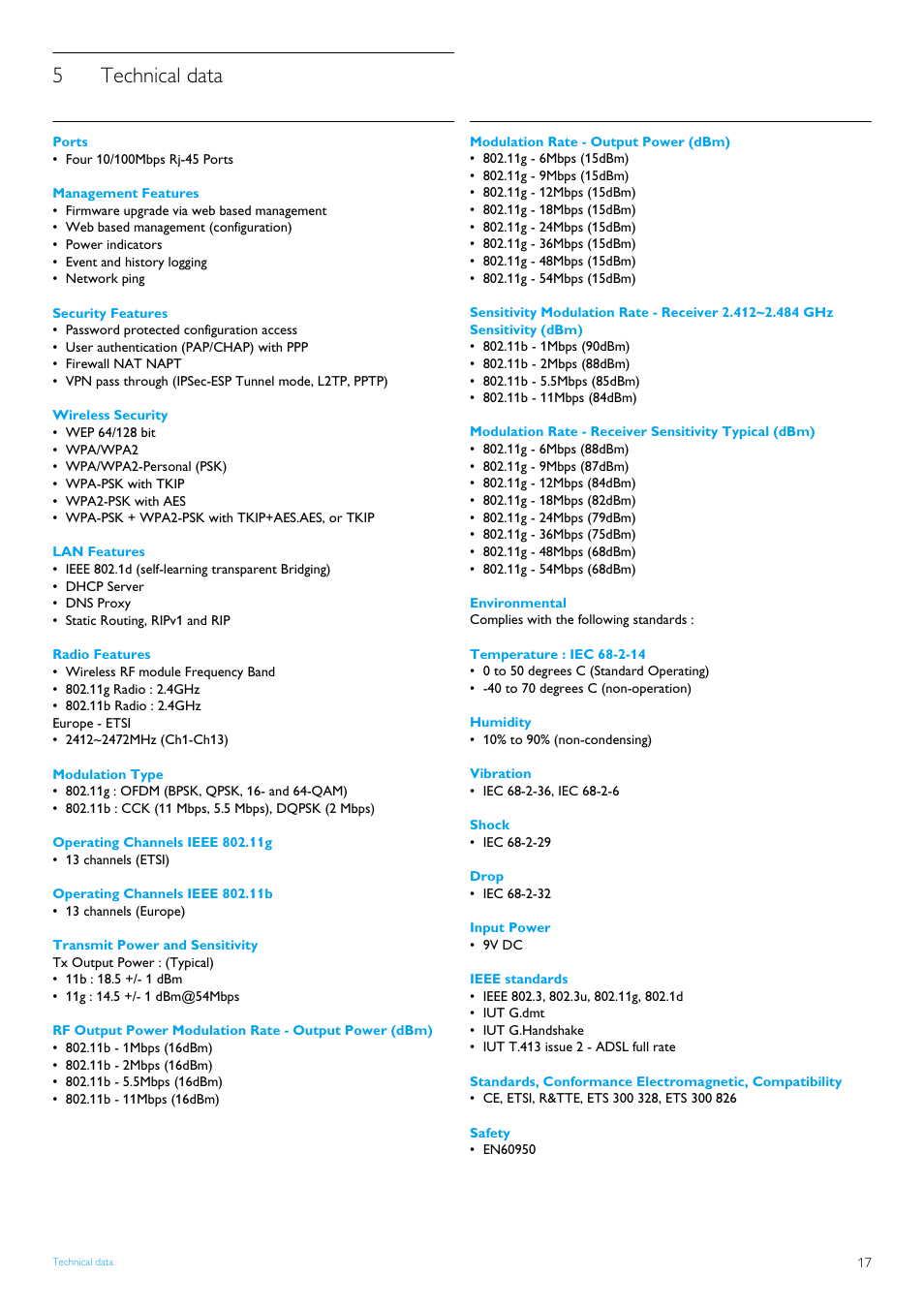 5 technical data, Ports, Management features | Security features, Wireless security, Lan features, Radio features, Modulation type, Operating channels ieee 802.11g, Operating channels ieee 802.11b | Philips SNB5600 User Manual | Page 19 / 22