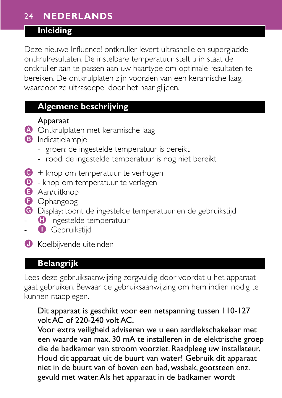 Nederlands 24 | Philips HP4647 User Manual | Page 24 / 86