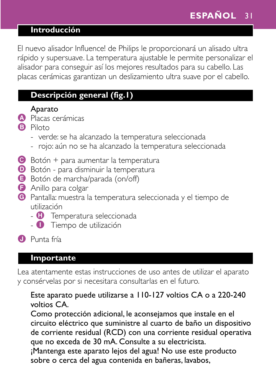 Español 31 | Philips HP4647 User Manual | Page 31 / 86