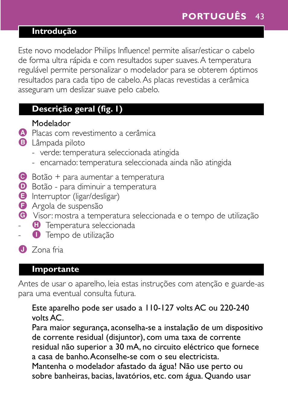 Português 43 | Philips HP4647 User Manual | Page 43 / 86