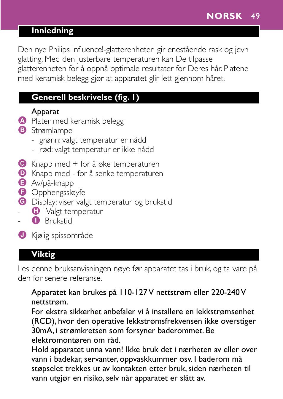 Norsk 49 | Philips HP4647 User Manual | Page 49 / 86