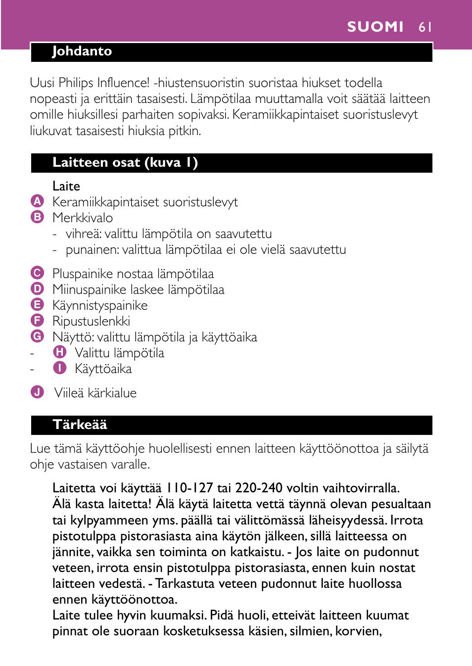 Suomi 61 | Philips HP4647 User Manual | Page 61 / 86