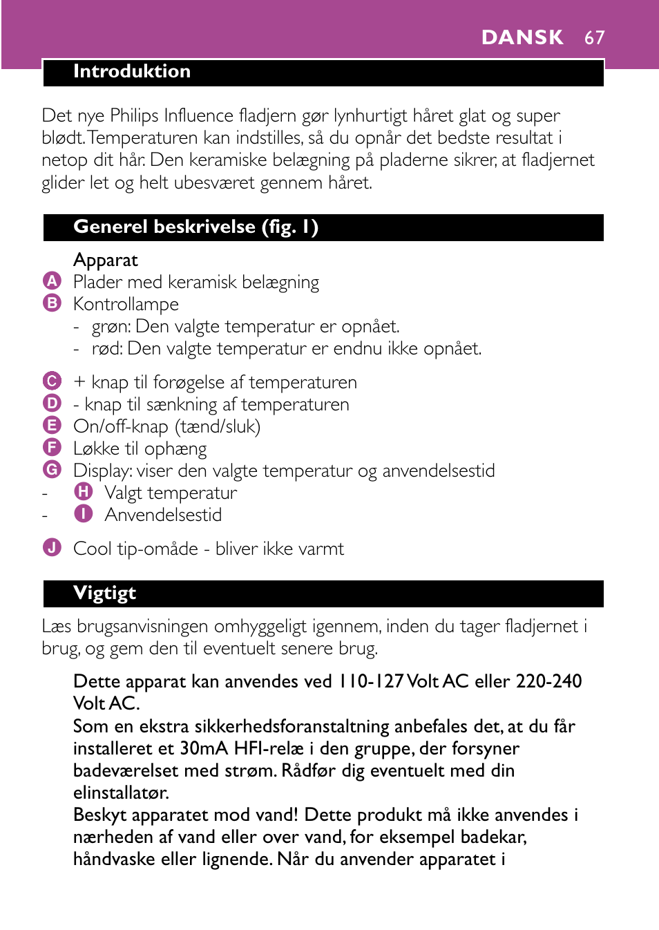 Dansk 67 | Philips HP4647 User Manual | Page 67 / 86