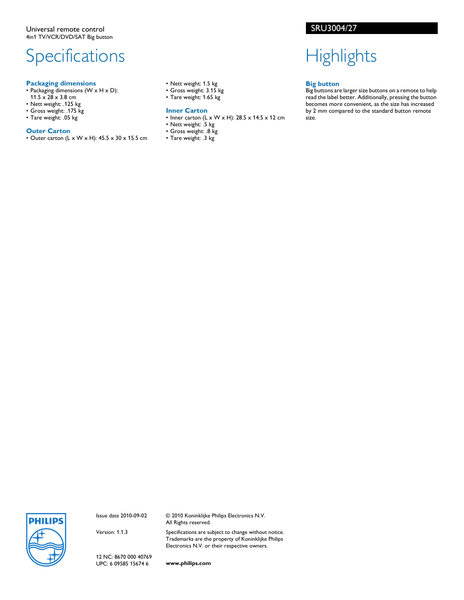 Specifications, Highlights | Philips SRU3004 User Manual | Page 2 / 2