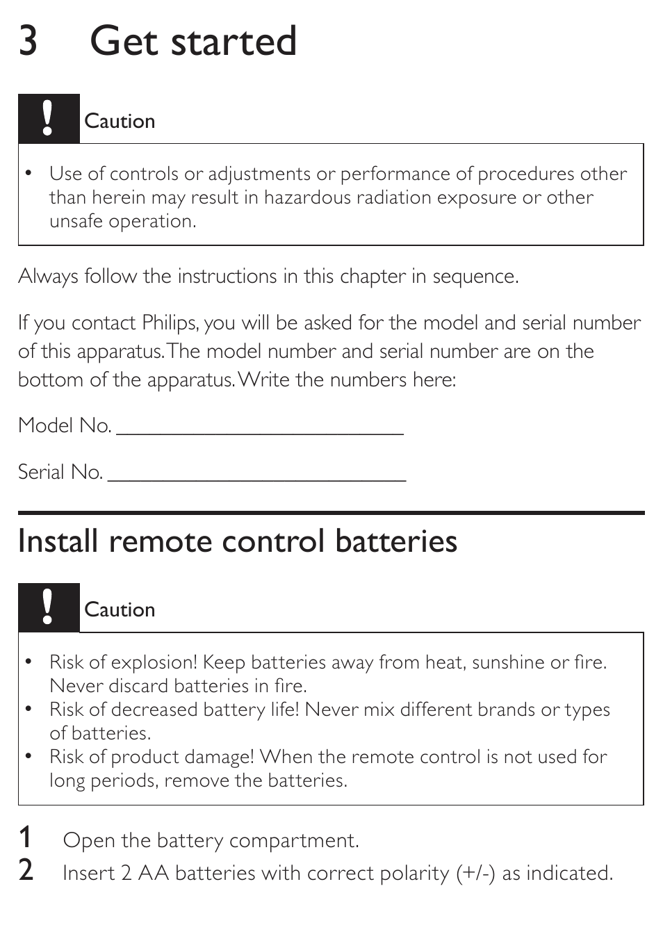 3 get started, Install remote control batteries | Philips KONINKLIJKE AZ5740 User Manual | Page 13 / 41