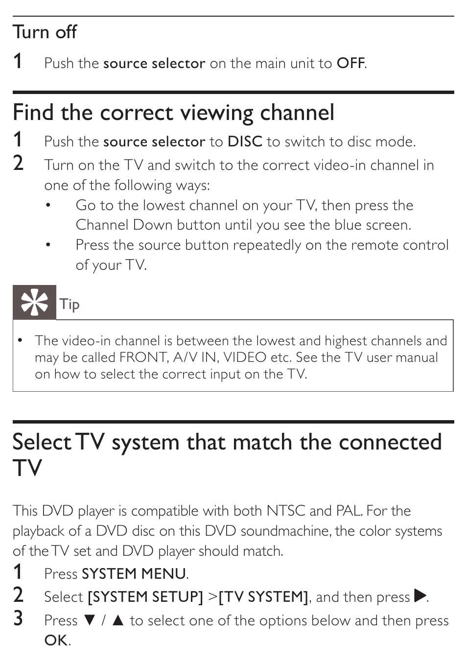 Find the correct viewing channel, Select tv system that match the connected tv | Philips KONINKLIJKE AZ5740 User Manual | Page 16 / 41