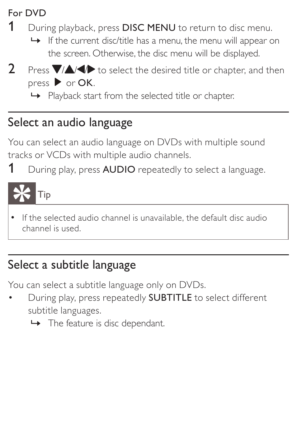 Select an audio language, Select a subtitle language | Philips KONINKLIJKE AZ5740 User Manual | Page 19 / 41