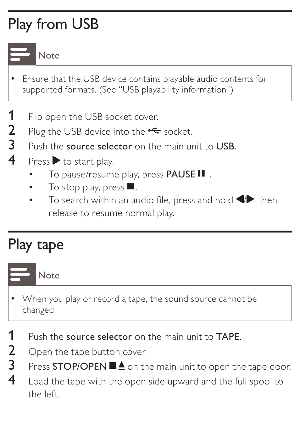 Play from usb, Play tape | Philips KONINKLIJKE AZ5740 User Manual | Page 20 / 41