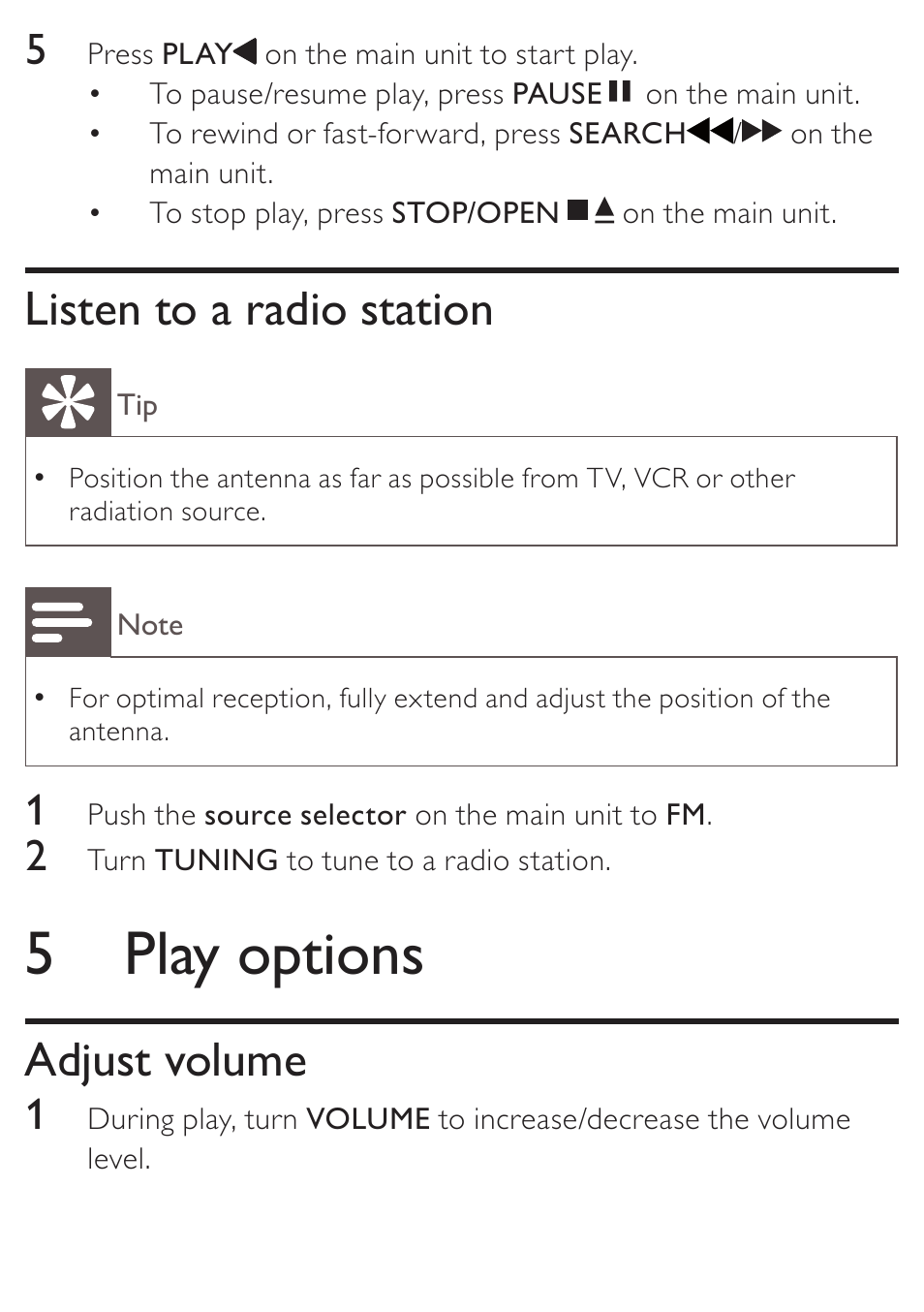 5 play options, Listen to a radio station, Adjust volume | Philips KONINKLIJKE AZ5740 User Manual | Page 21 / 41