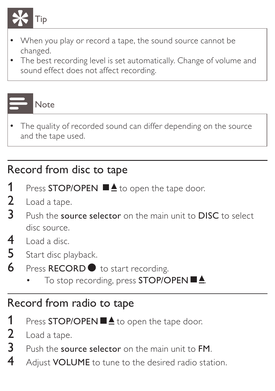 Record from disc to tape, Record from radio to tape | Philips KONINKLIJKE AZ5740 User Manual | Page 30 / 41