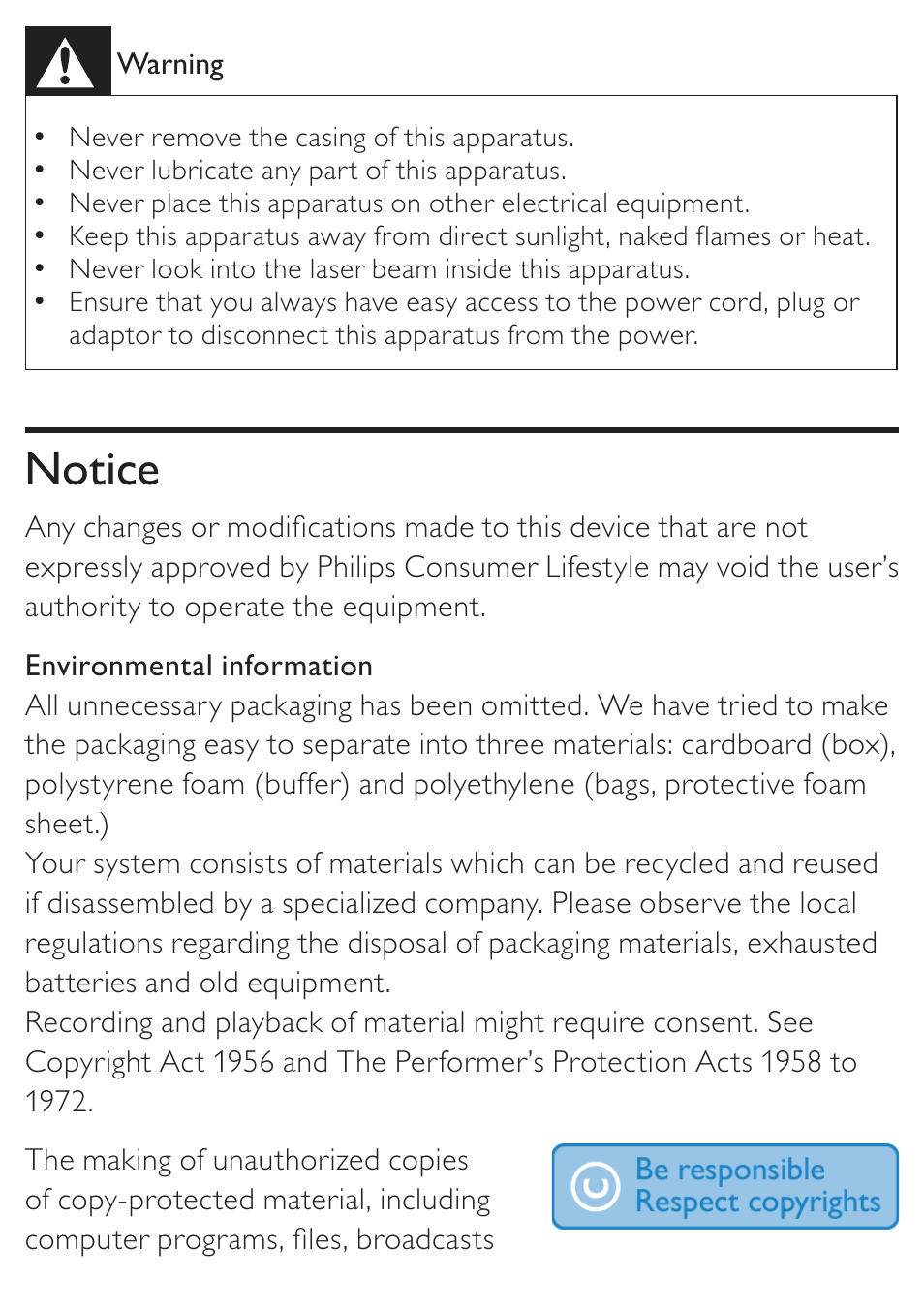 Notice | Philips KONINKLIJKE AZ5740 User Manual | Page 4 / 41