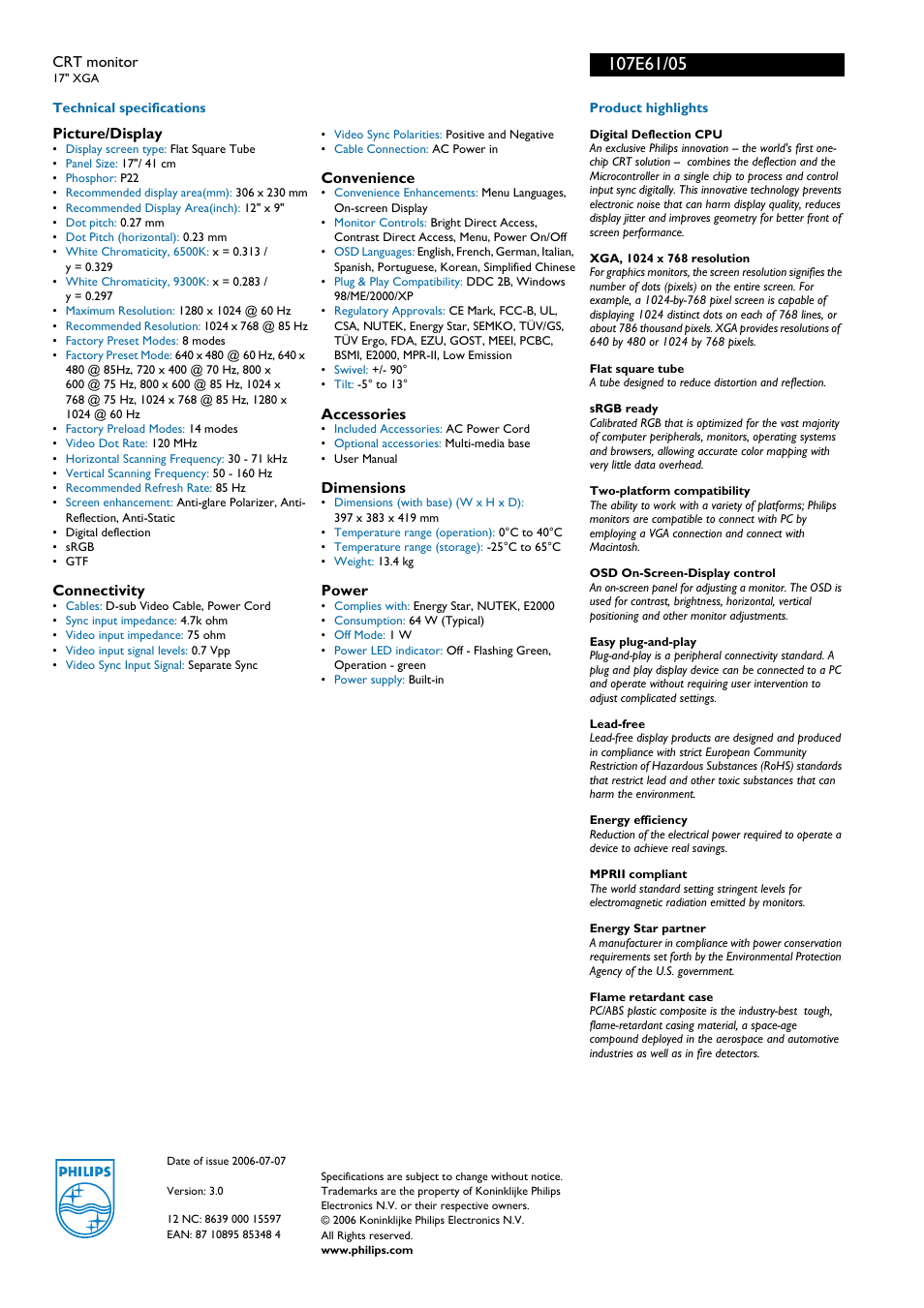 For preview purpose only | Philips 107E05 User Manual | Page 2 / 2