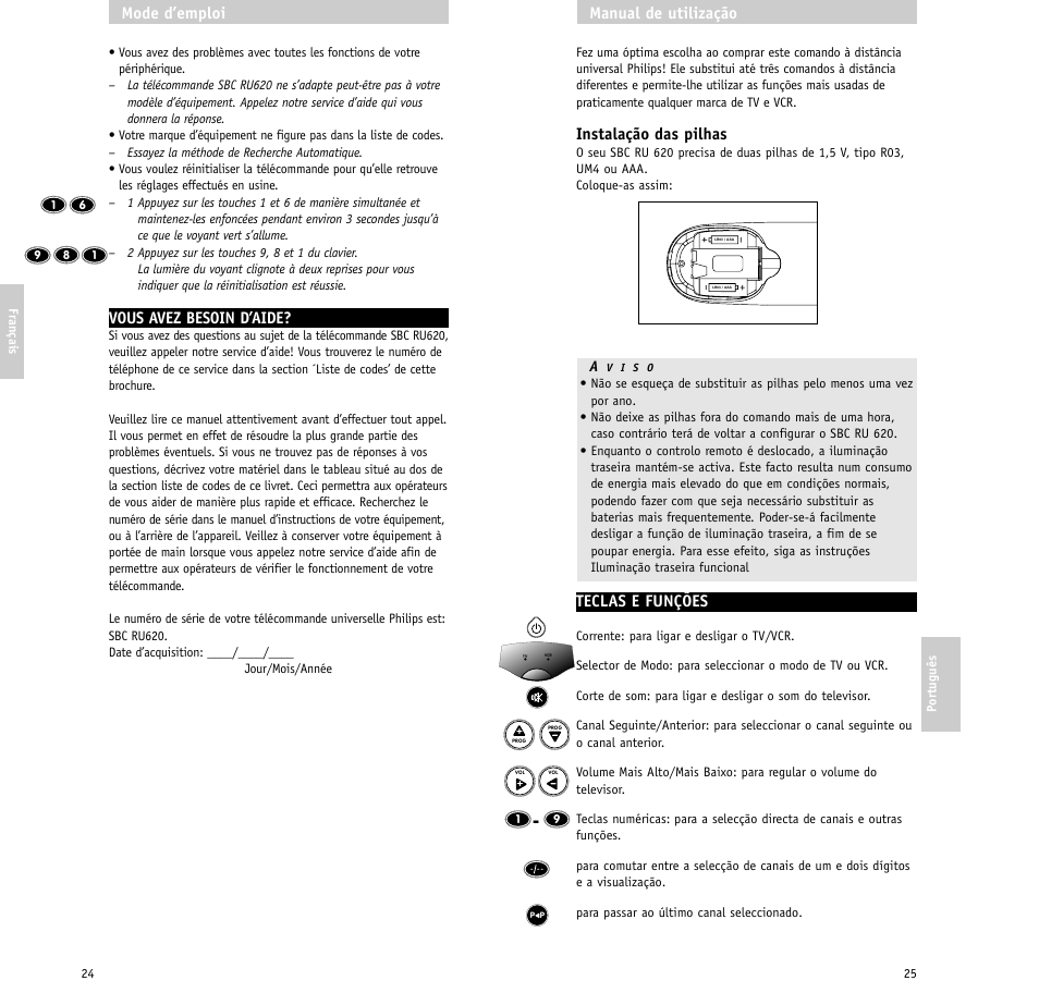 Instalação das pilhas, Teclas e funções, Manual de utilização | Vous avez besoin d’aide, Mode d’emploi | Philips RU620/87 User Manual | Page 13 / 30