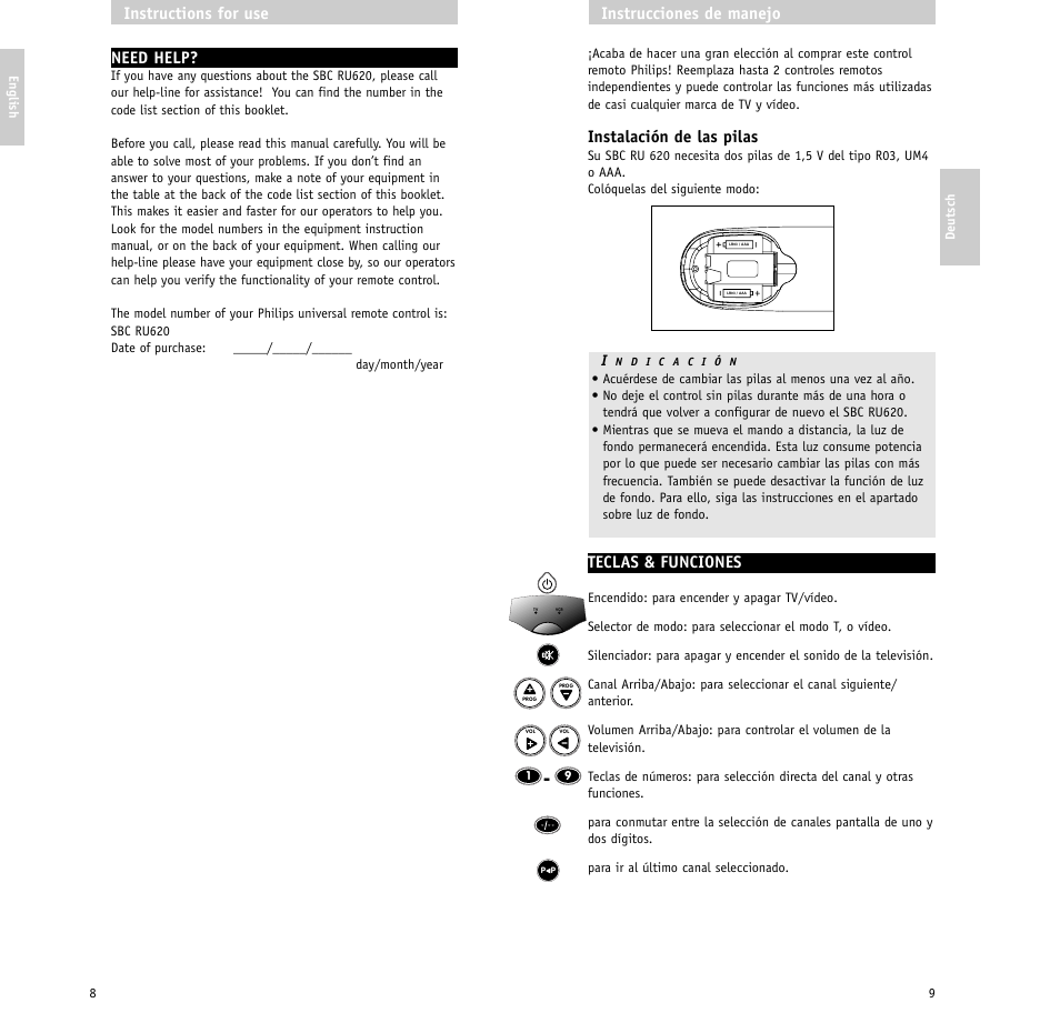 Instalación de las pilas, Teclas & funciones, Instrucciones de manejo | Need help, Instructions for use | Philips RU620/87 User Manual | Page 5 / 30