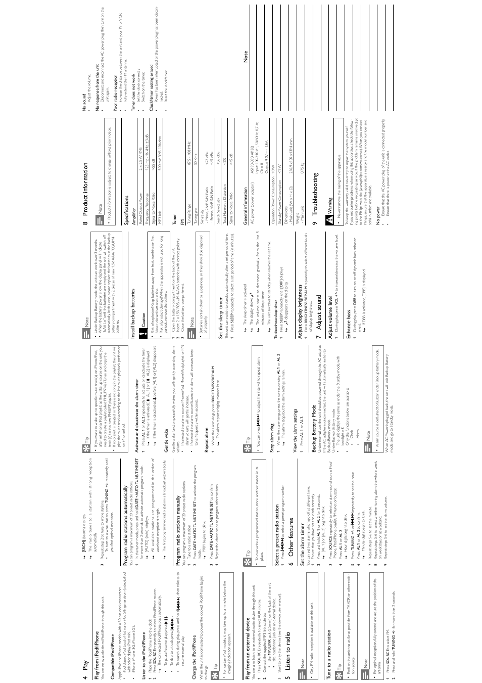 4 pla y, 5listen to radio, 6 other featur es | 7 adjust sound, 8 pr oduct inf ormation, 9 t roubleshooting | Philips DC220/05 User Manual | Page 2 / 2