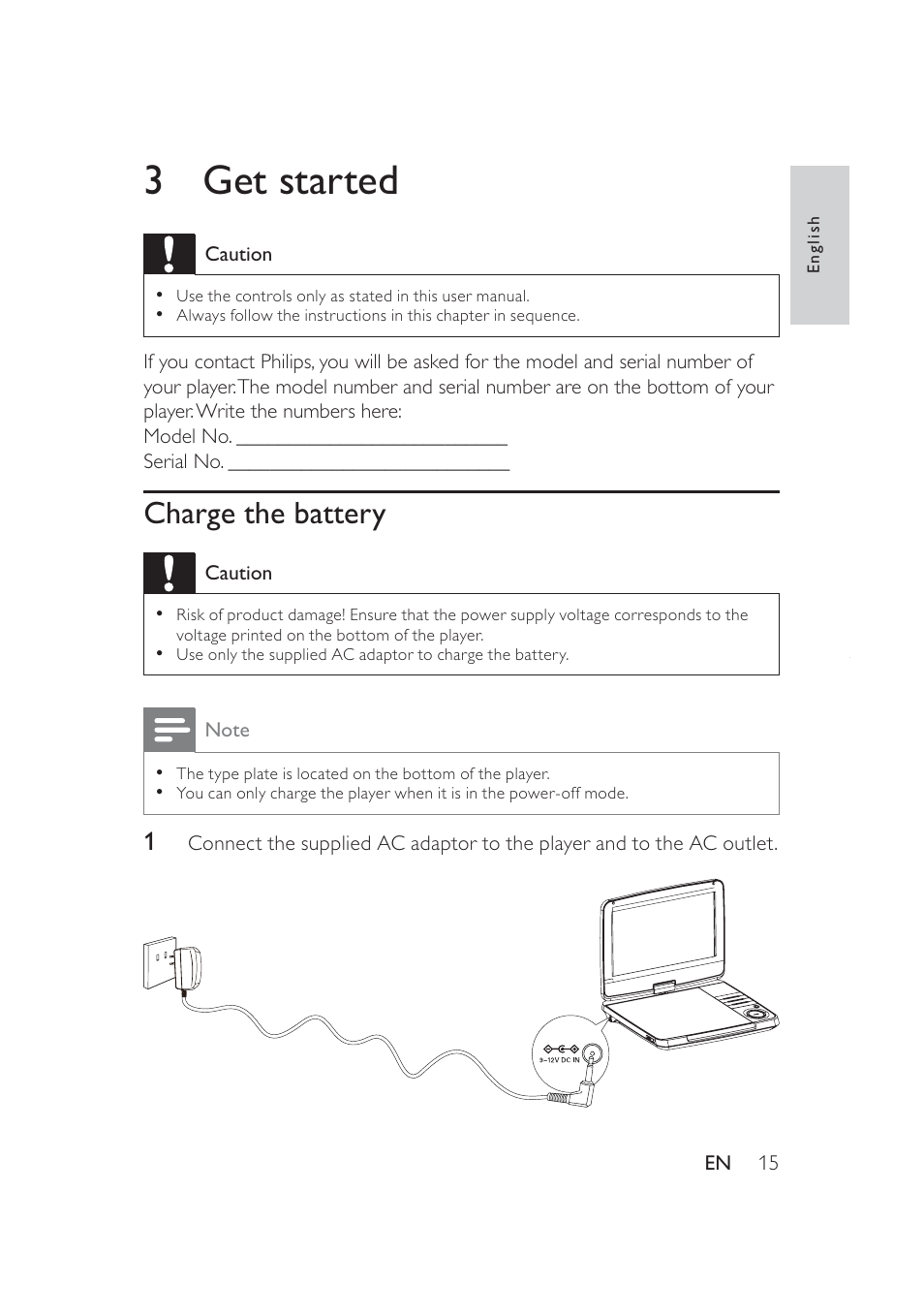 3get started, Charge the battery | Philips PD9005 User Manual | Page 14 / 27