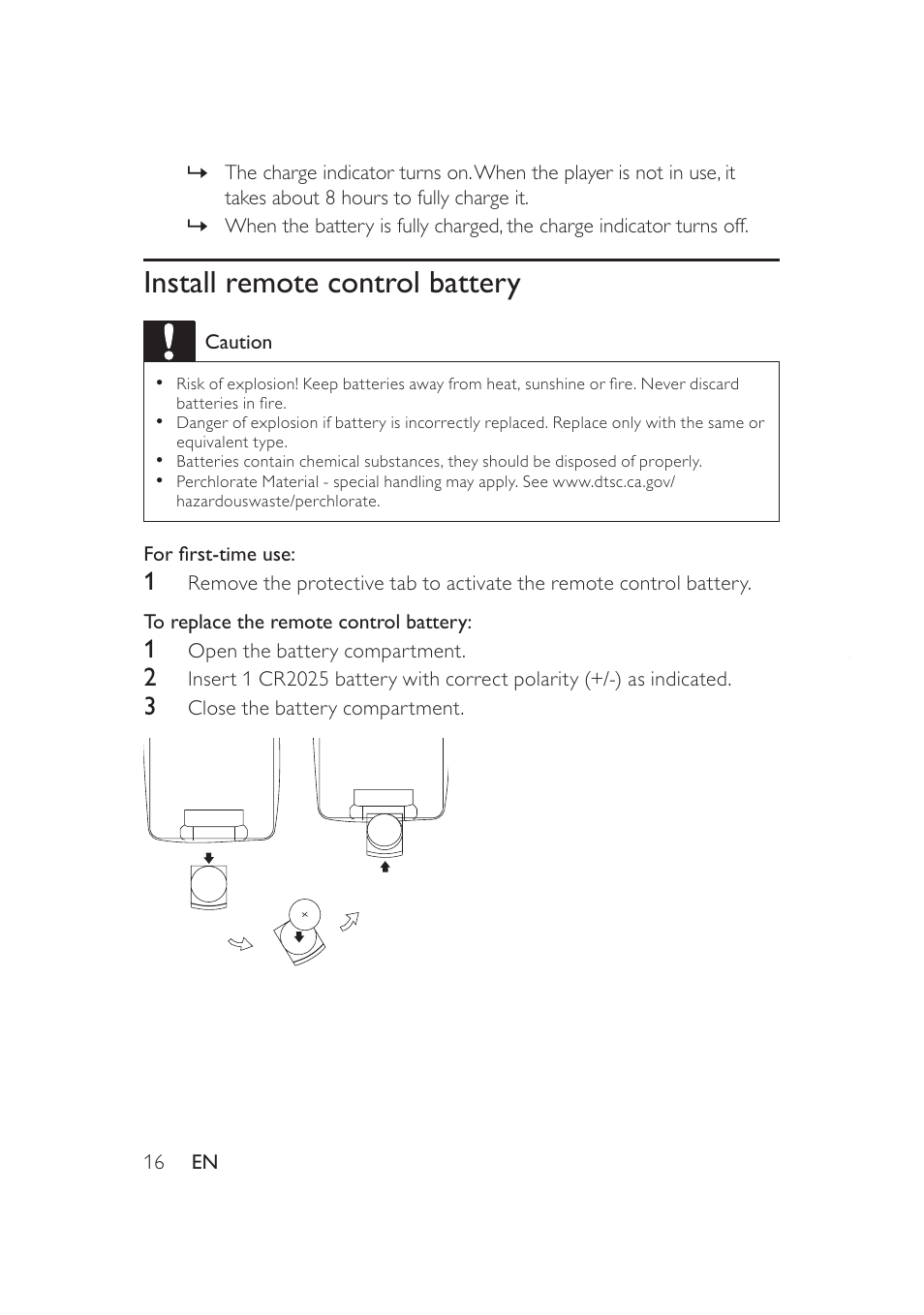 Install remote control battery | Philips PD9005 User Manual | Page 15 / 27
