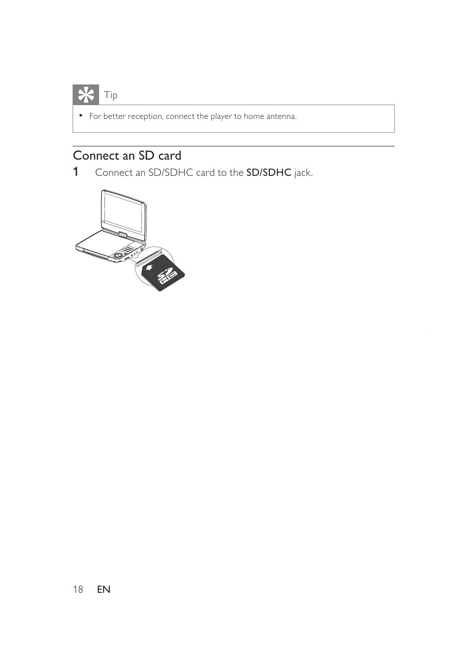 Connect an sd card 1 | Philips PD9005 User Manual | Page 17 / 27