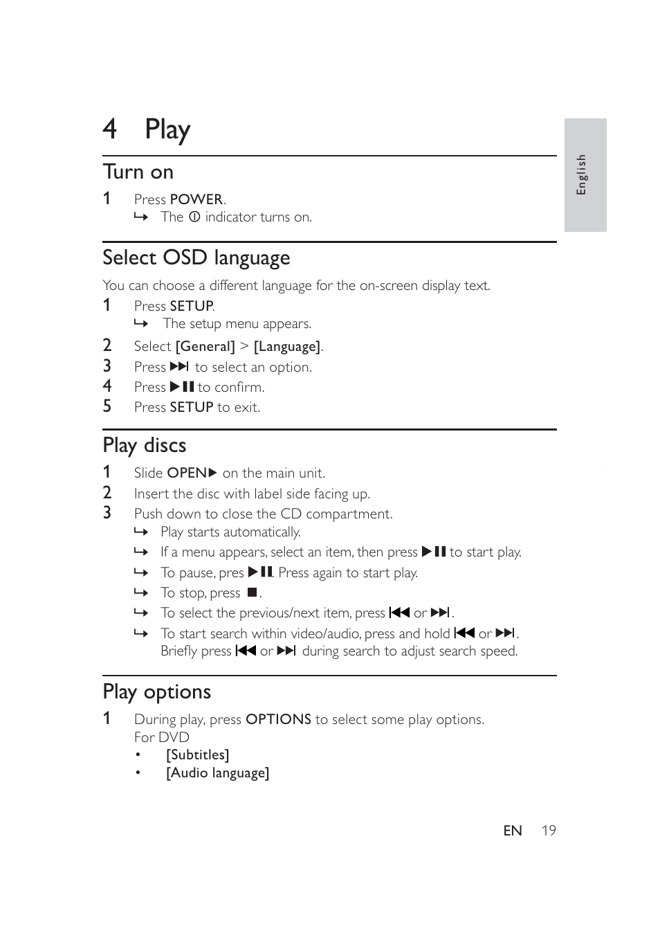 4play, Turn on, Select osd language | Play discs, Play options | Philips PD9005 User Manual | Page 18 / 27