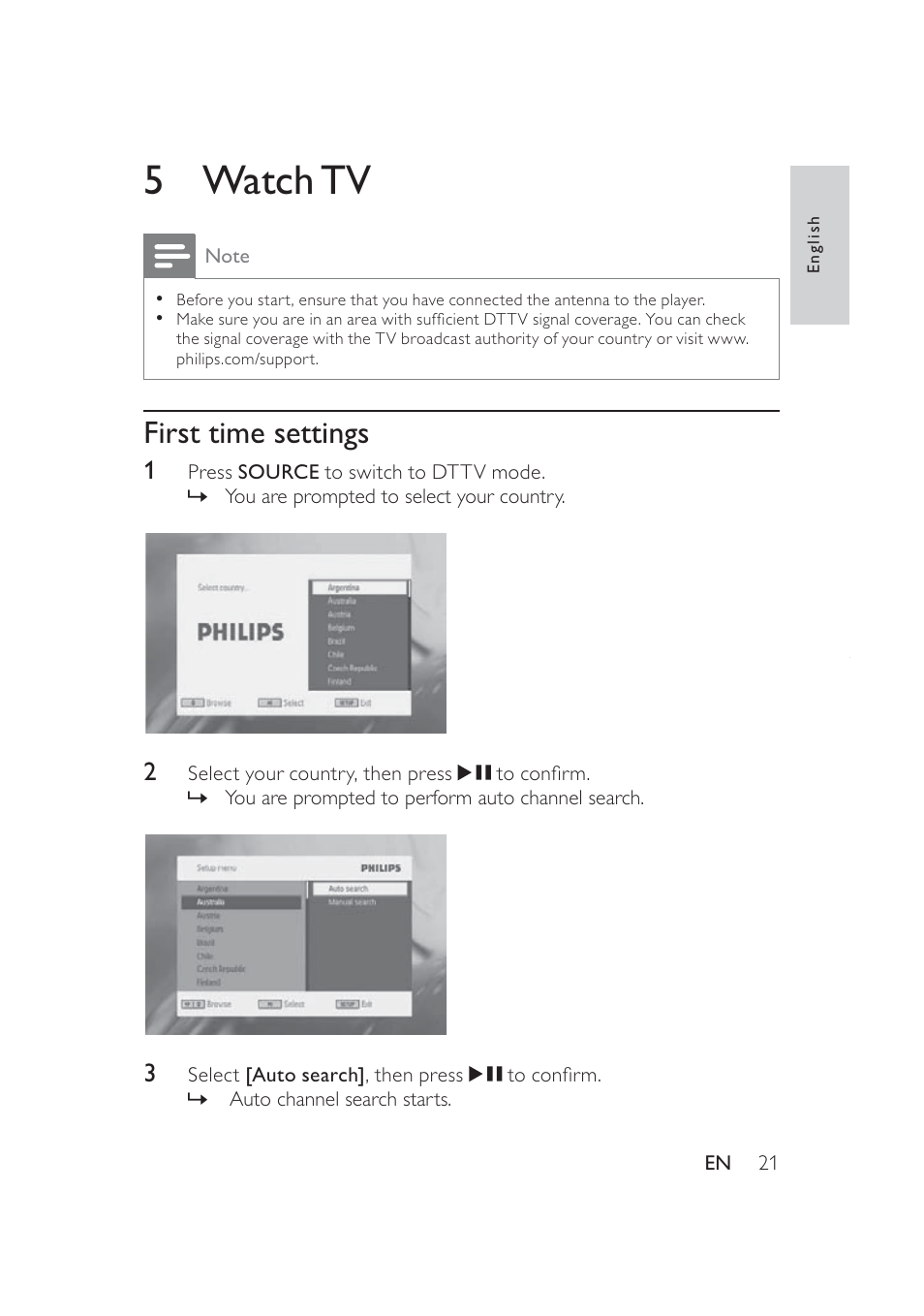 5watch tv, First time settings | Philips PD9005 User Manual | Page 20 / 27