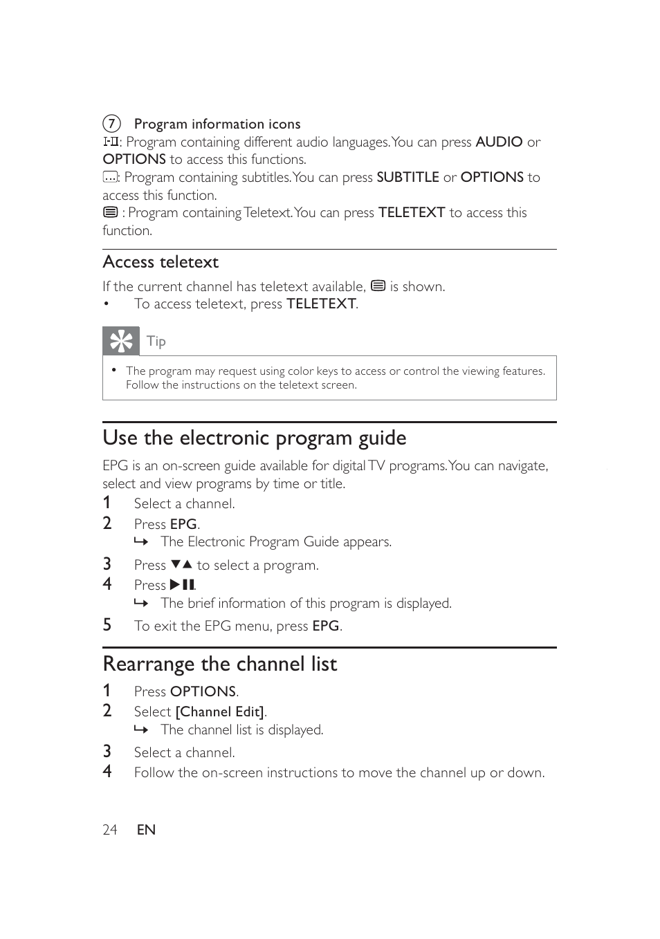 Use the electronic program guide, Rearrange the channel list, Access teletext | Philips PD9005 User Manual | Page 23 / 27
