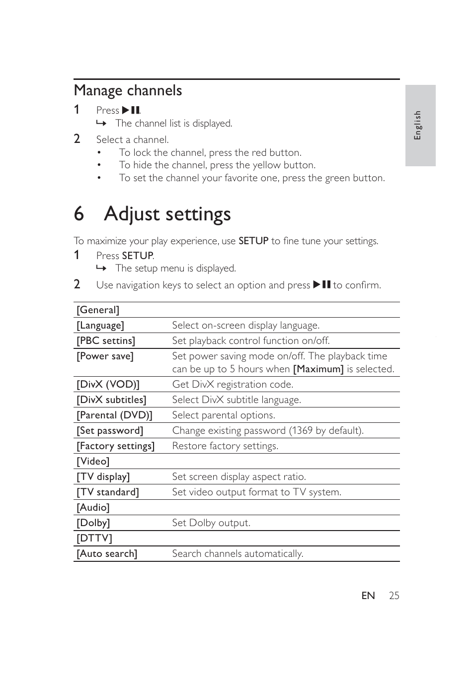 6adjust settings, Manage channels | Philips PD9005 User Manual | Page 24 / 27