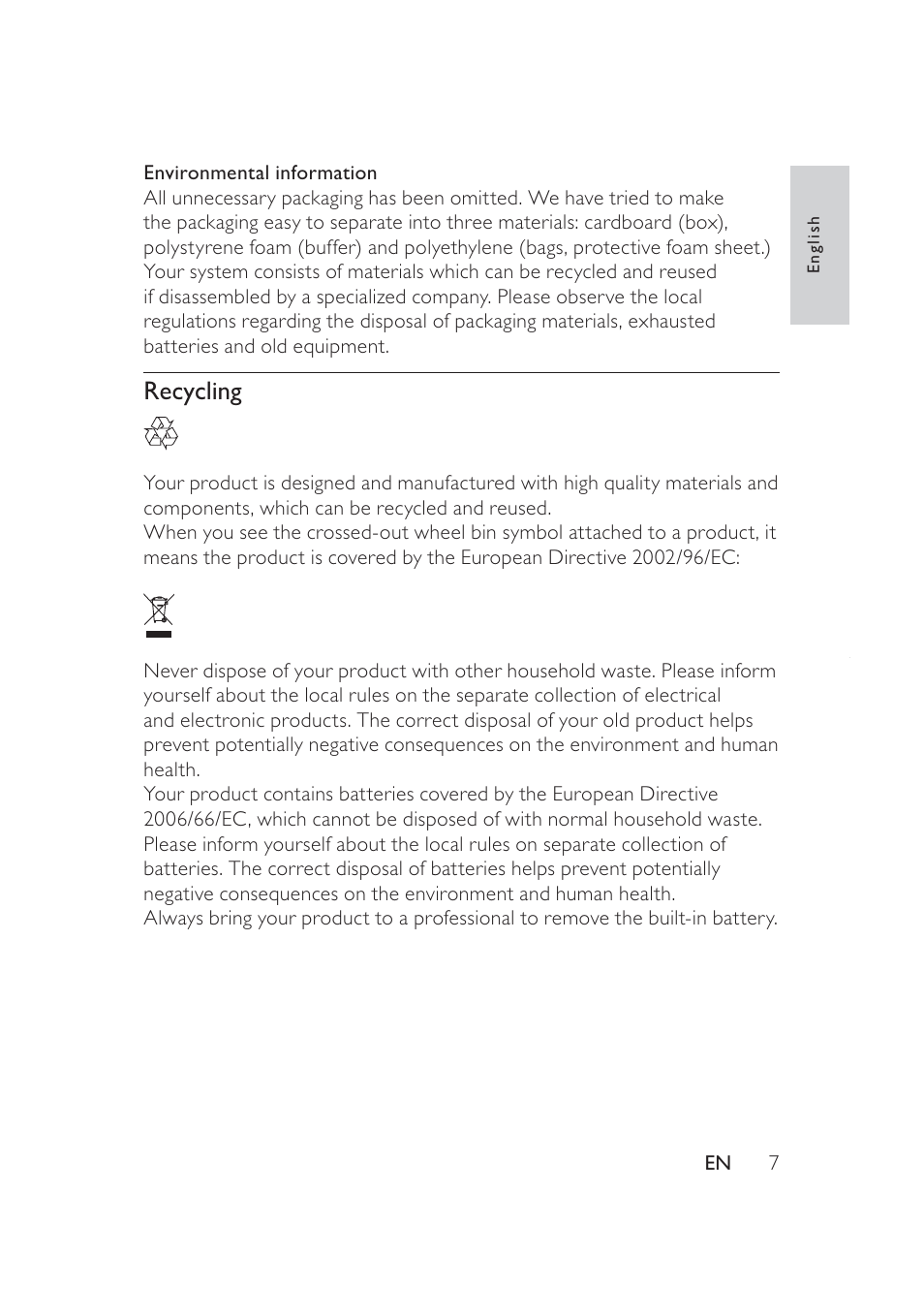 Recycling | Philips PD9005 User Manual | Page 6 / 27