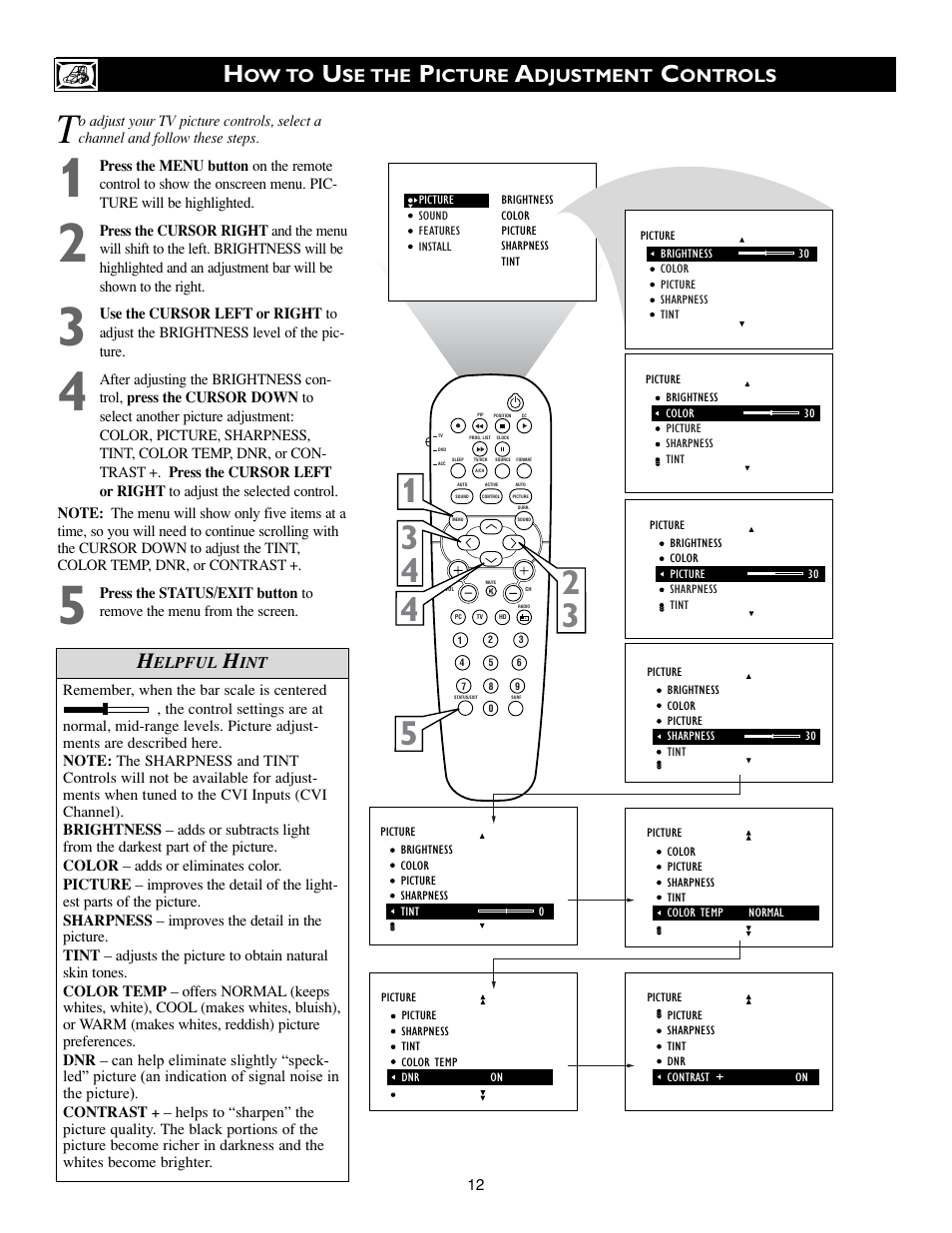 Ow to, Se the, Icture | Djustment, Ontrols | Philips 15PF9936/58 User Manual | Page 12 / 64