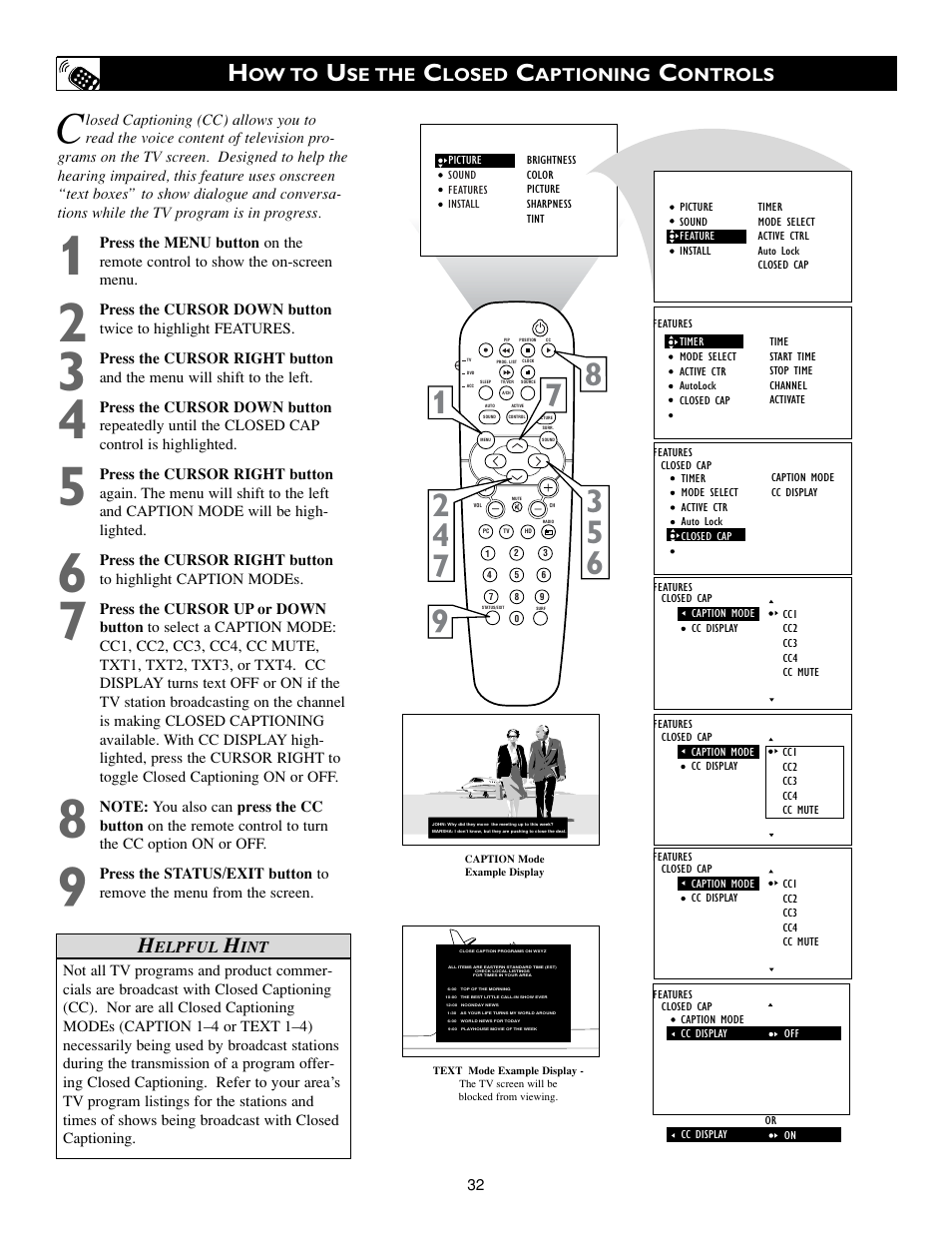 Ow to, Se the, Losed | Aptioning, Ontrols | Philips 15PF9936/58 User Manual | Page 32 / 64