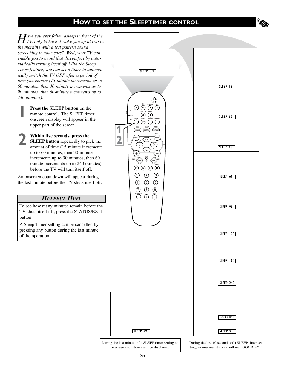 Ow to set the, Leeptimer control, Elpful | Philips 15PF9936/58 User Manual | Page 35 / 64