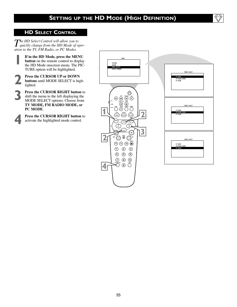 Hd m, Hd s, Etting up the | Efinition | Philips 15PF9936/58 User Manual | Page 55 / 64