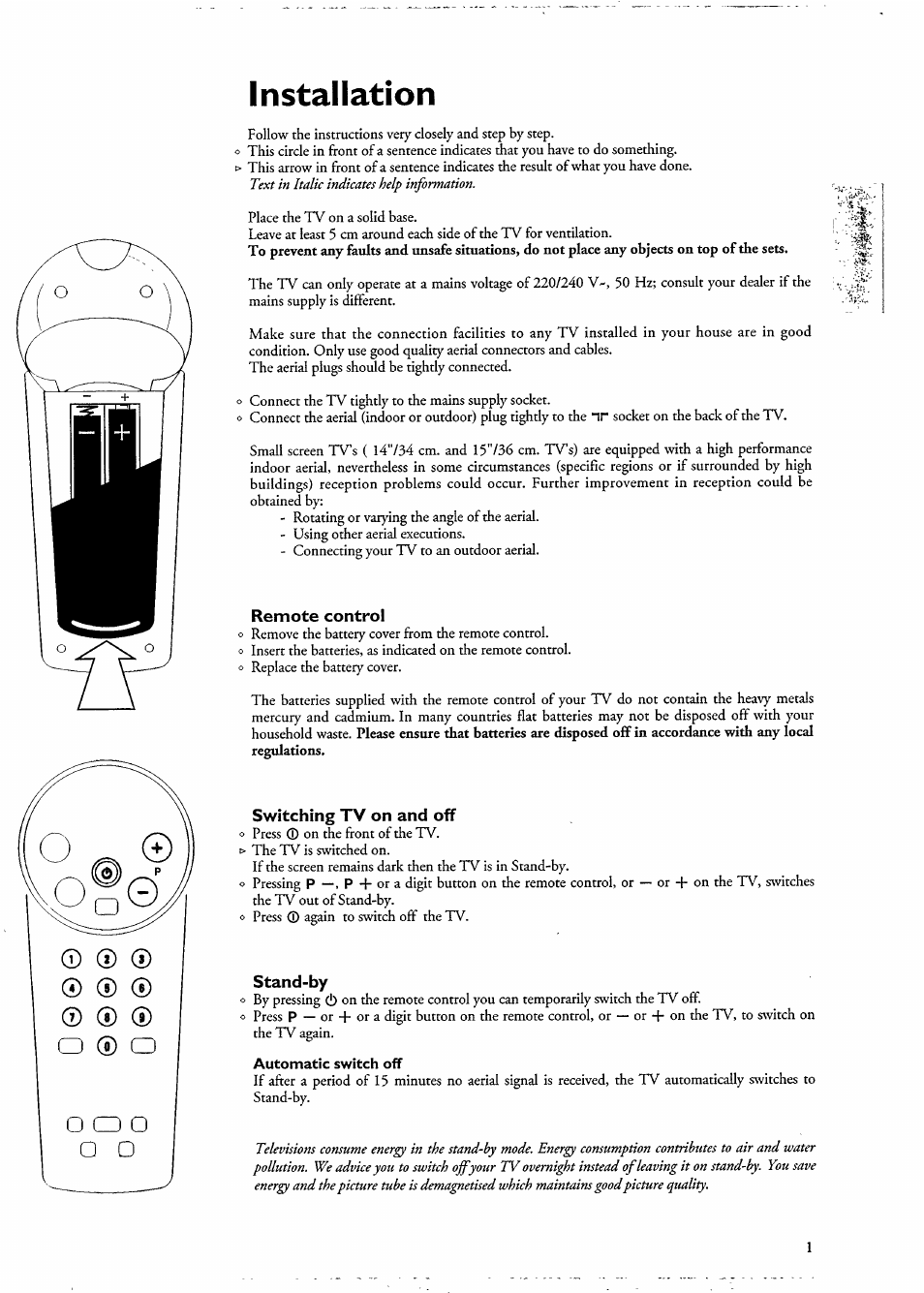 Remote control, Switching tv on and off, Stand-by | Installation | Philips 14PT136B/58W User Manual | Page 3 / 9