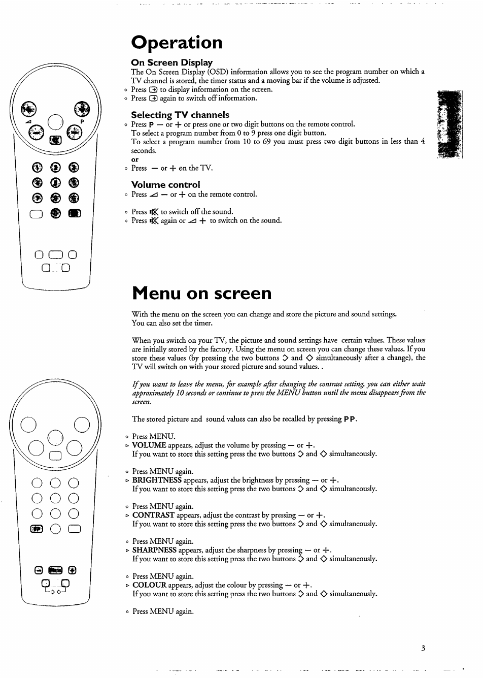 On screen display, Selecting tv channels, Volume control | Operation, Menu on screen, O a o | Philips 14PT136B/58W User Manual | Page 5 / 9