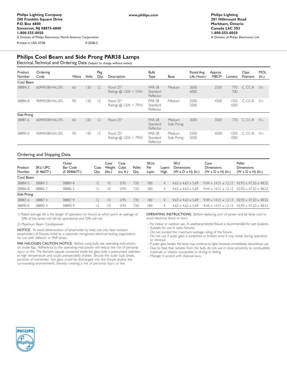 Philips cool beam and side prong par38 lamps | Philips P-2558-C User Manual | Page 2 / 2