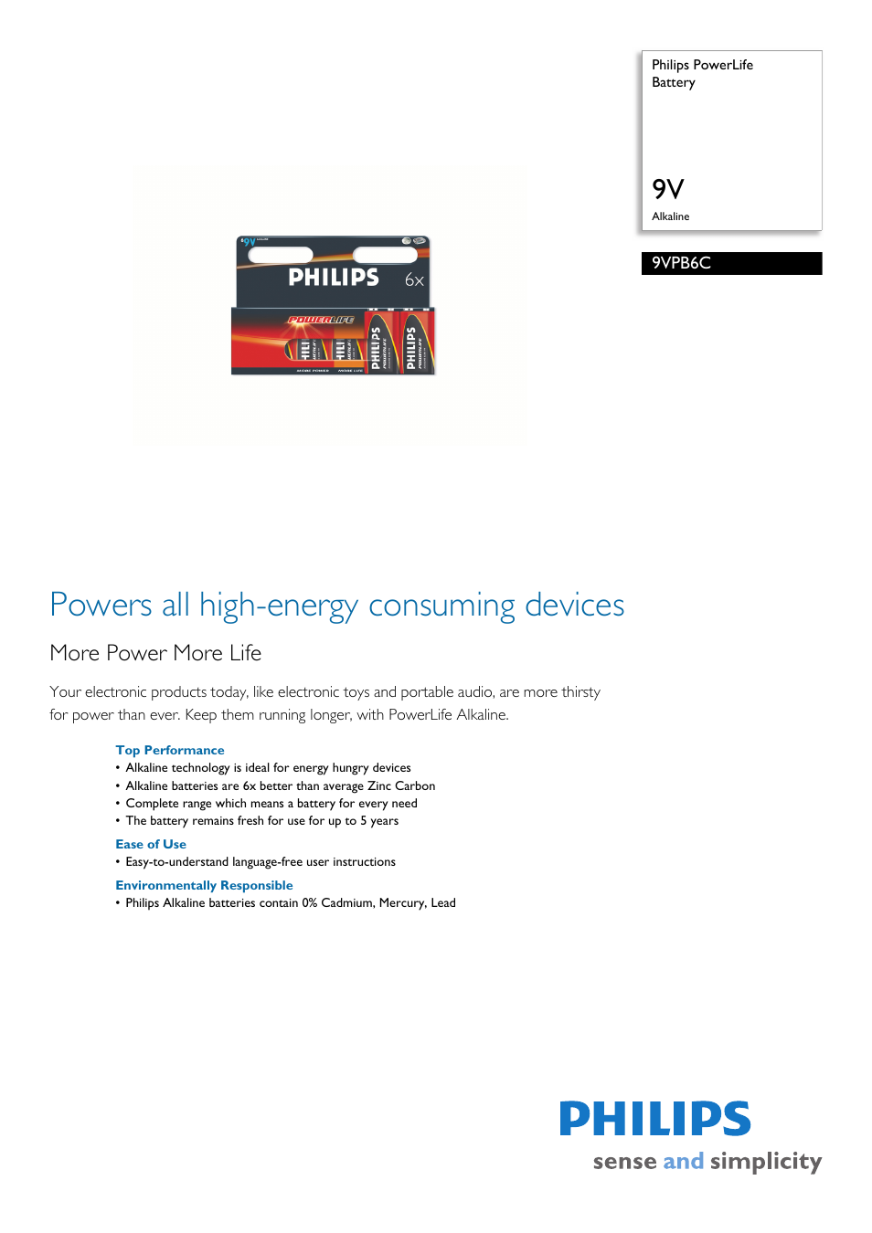 Philips Power Life 9VPB6C User Manual | 2 pages