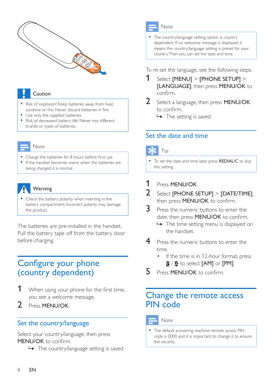 Configure your phone (country, Dependent) 8, Change the remote access pin code | Configure your phone (country dependent) 1 | Philips CD190 User Manual | Page 10 / 36