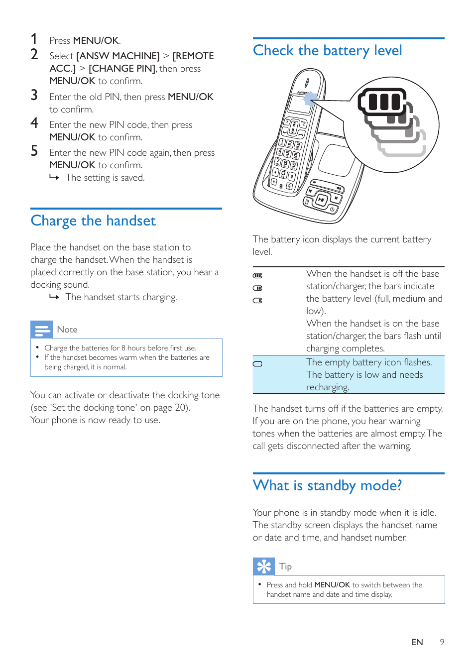 Charge the handset, Check the battery level, What is standby mode | Philips CD190 User Manual | Page 11 / 36