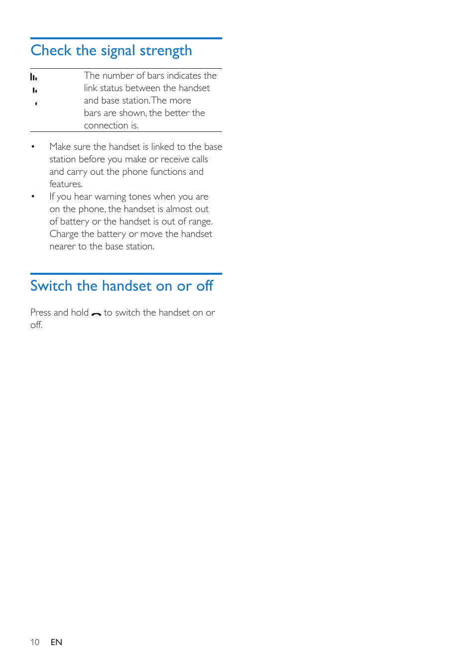 Check the signal strength, Switch the handset on or off | Philips CD190 User Manual | Page 12 / 36