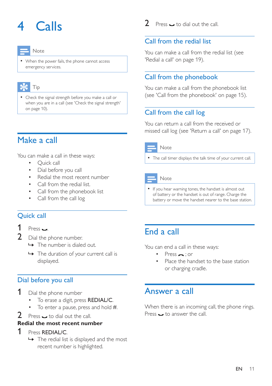 4 calls, Make a call, End a call | Answer a call | Philips CD190 User Manual | Page 13 / 36