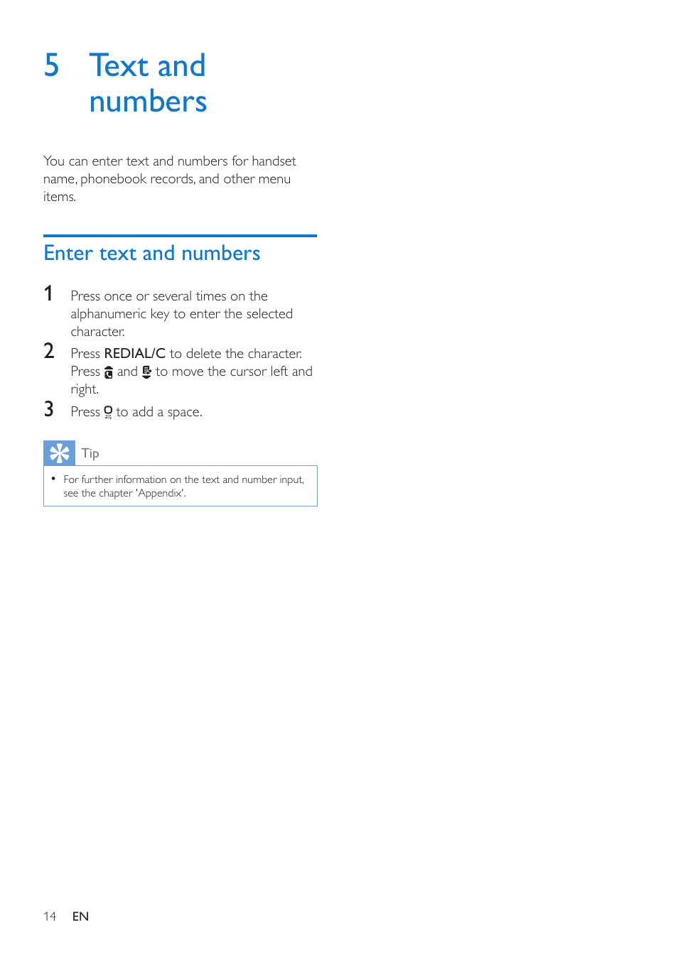 5 text and numbers, Enter text and numbers, Enter text and numbers 1 | Philips CD190 User Manual | Page 16 / 36