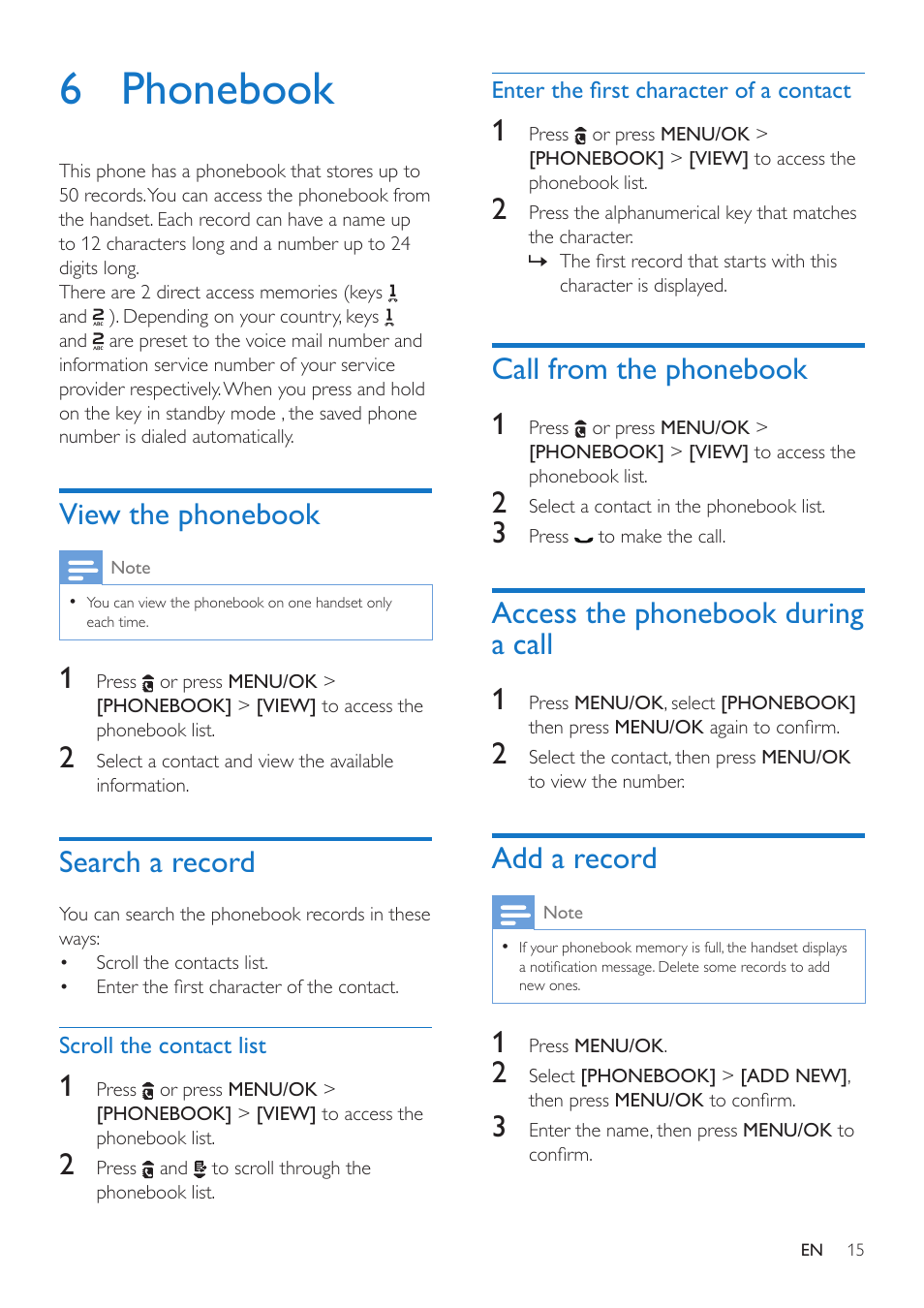 6 phonebook, View the phonebook, Search a record | Call from the phonebook, Access the phonebook during a call, Add a record, Ou can make a call from the phonebook list, Call from the phonebook 1, Access the phonebook during a call 1 | Philips CD190 User Manual | Page 17 / 36