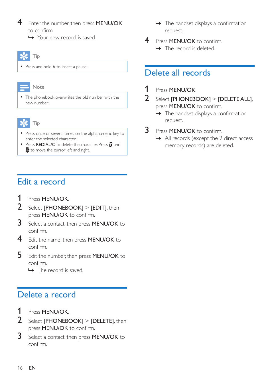 Edit a record, Delete a record, Delete all records | Edit a record 1, Delete a record 1, Delete all records 1 | Philips CD190 User Manual | Page 18 / 36