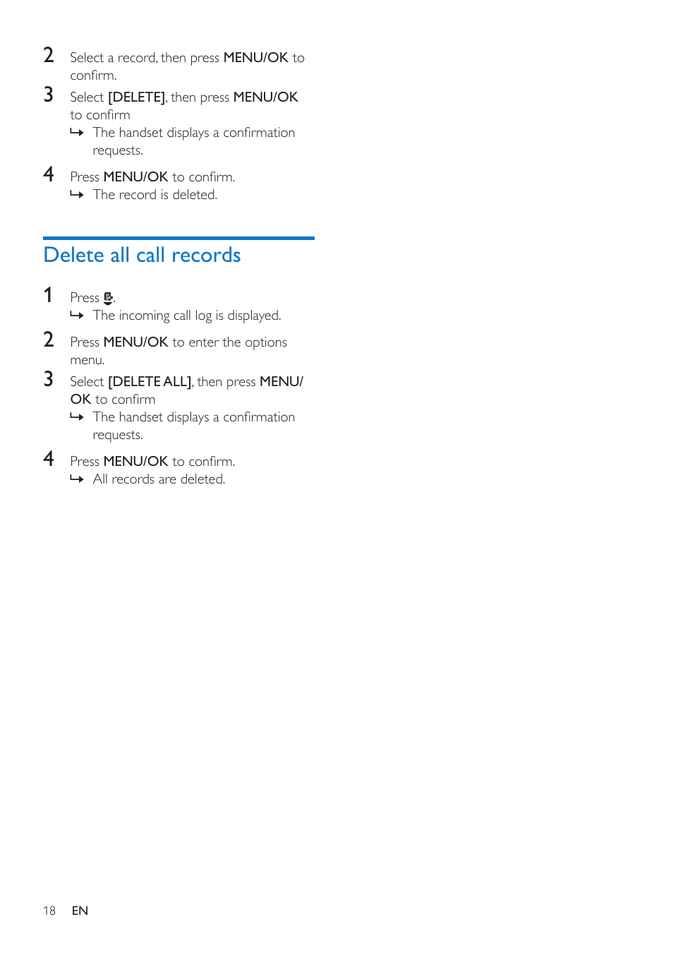 Delete all call records, Delete all call records 1 | Philips CD190 User Manual | Page 20 / 36