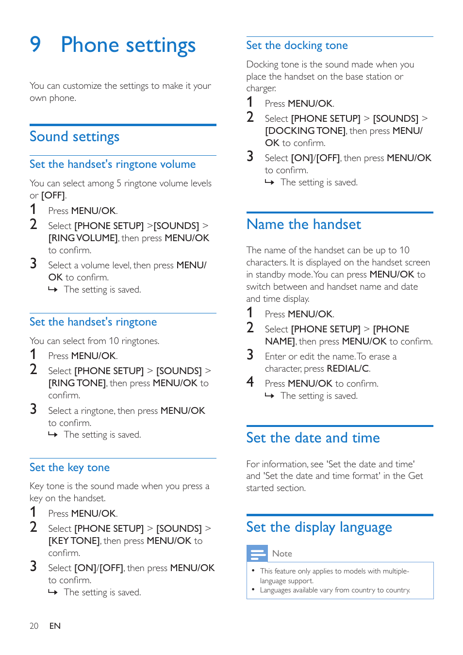 9 phone settings, Sound settings, Name the handset | Set the date and time, Set the display language | Philips CD190 User Manual | Page 22 / 36