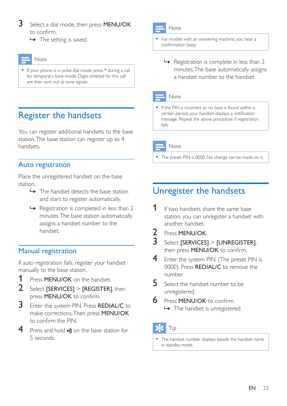 Register the handsets, Unregister the handsets, Unregister the handsets 1 | Philips CD190 User Manual | Page 25 / 36