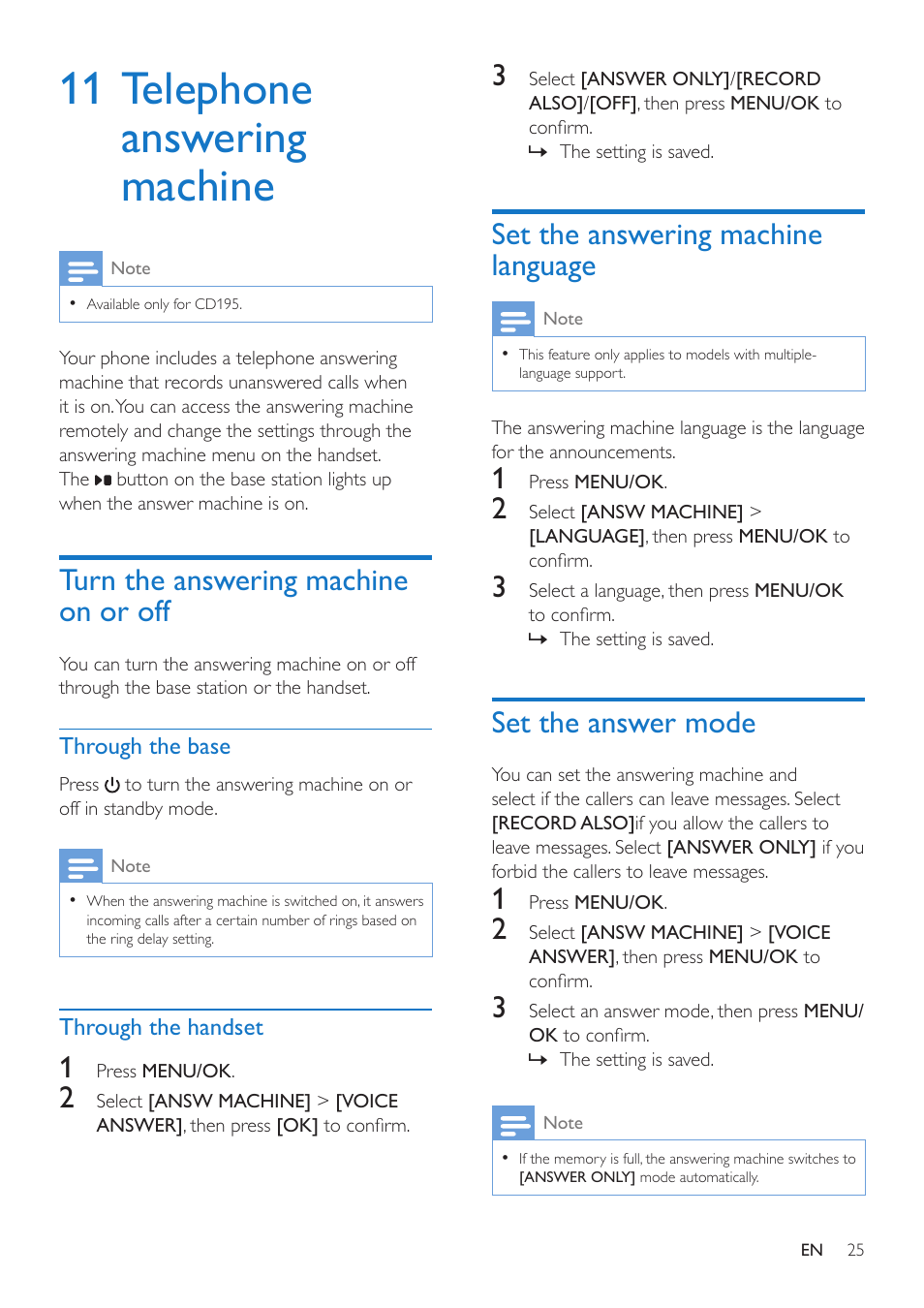 11 telephone answering machine, Turn the answering machine on or off 25, Set the answering machine language | Set the answer mode, Turn the answering machine on or off | Philips CD190 User Manual | Page 27 / 36