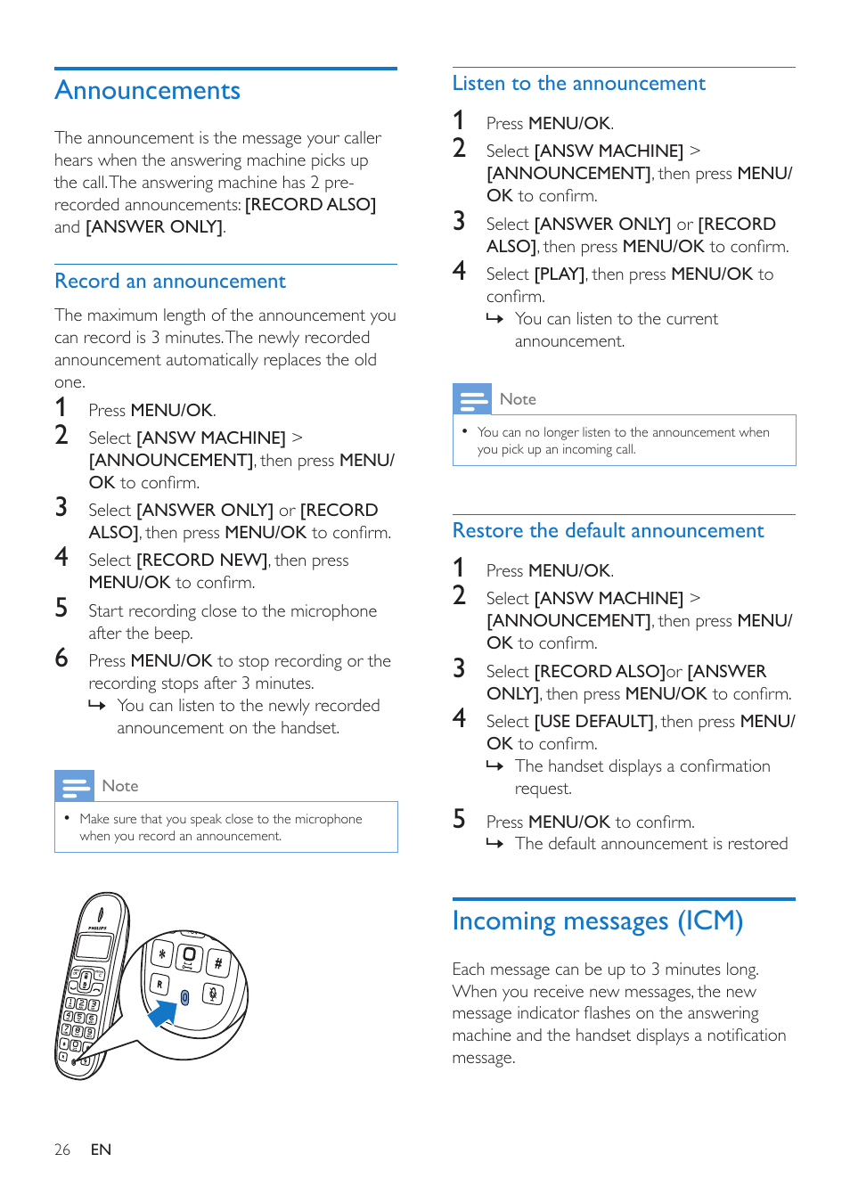 Announcements 26, Incoming messages (icm), Announcements | Philips CD190 User Manual | Page 28 / 36