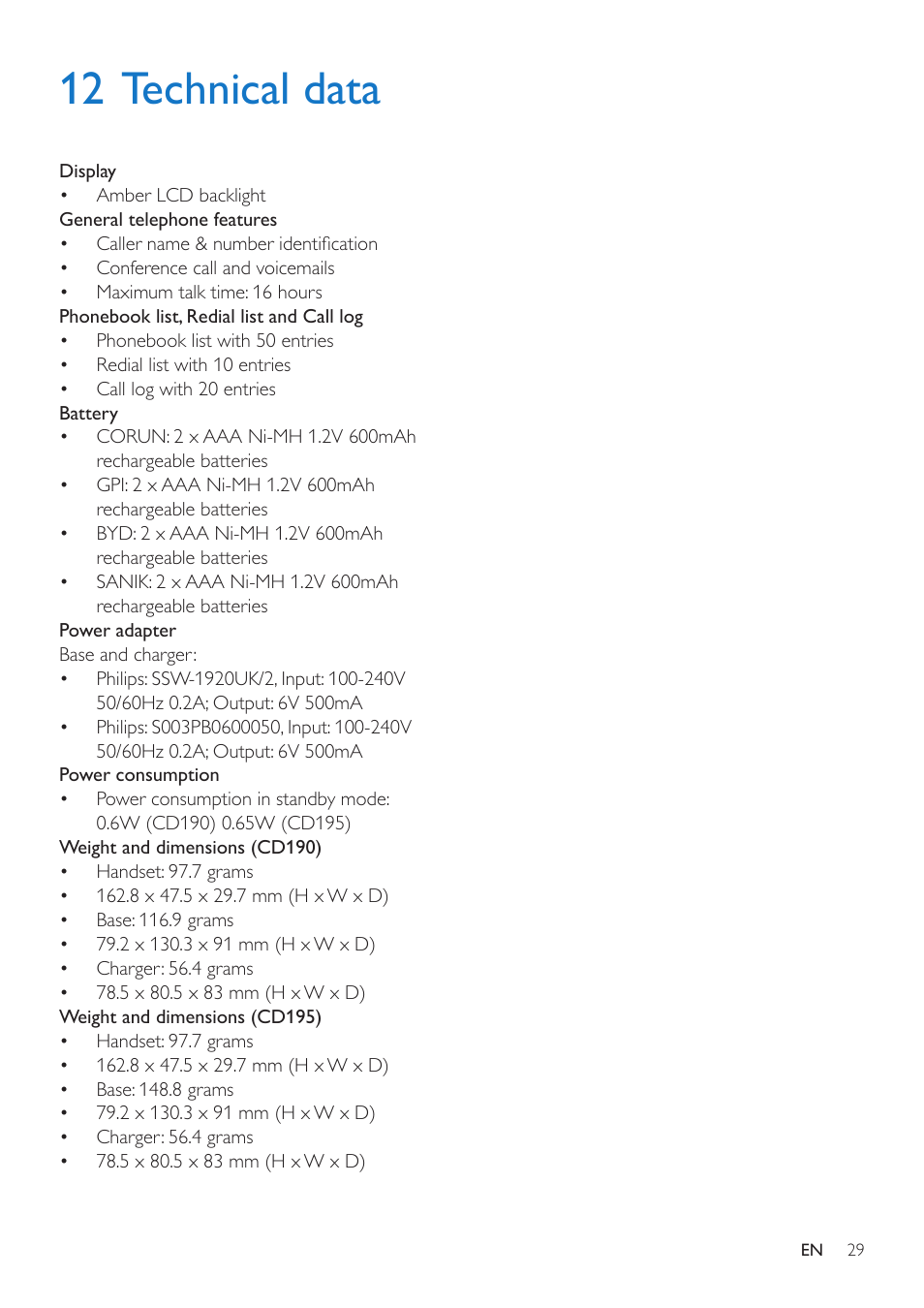 12 technical data | Philips CD190 User Manual | Page 31 / 36