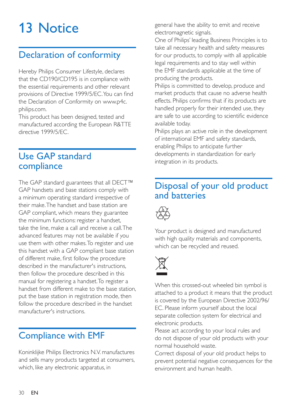 13 notice, Declaration of conformity, Use gap standard compliance | Compliance with emf, Disposal of your old product and, Batteries 30, Disposal of your old product and batteries | Philips CD190 User Manual | Page 32 / 36