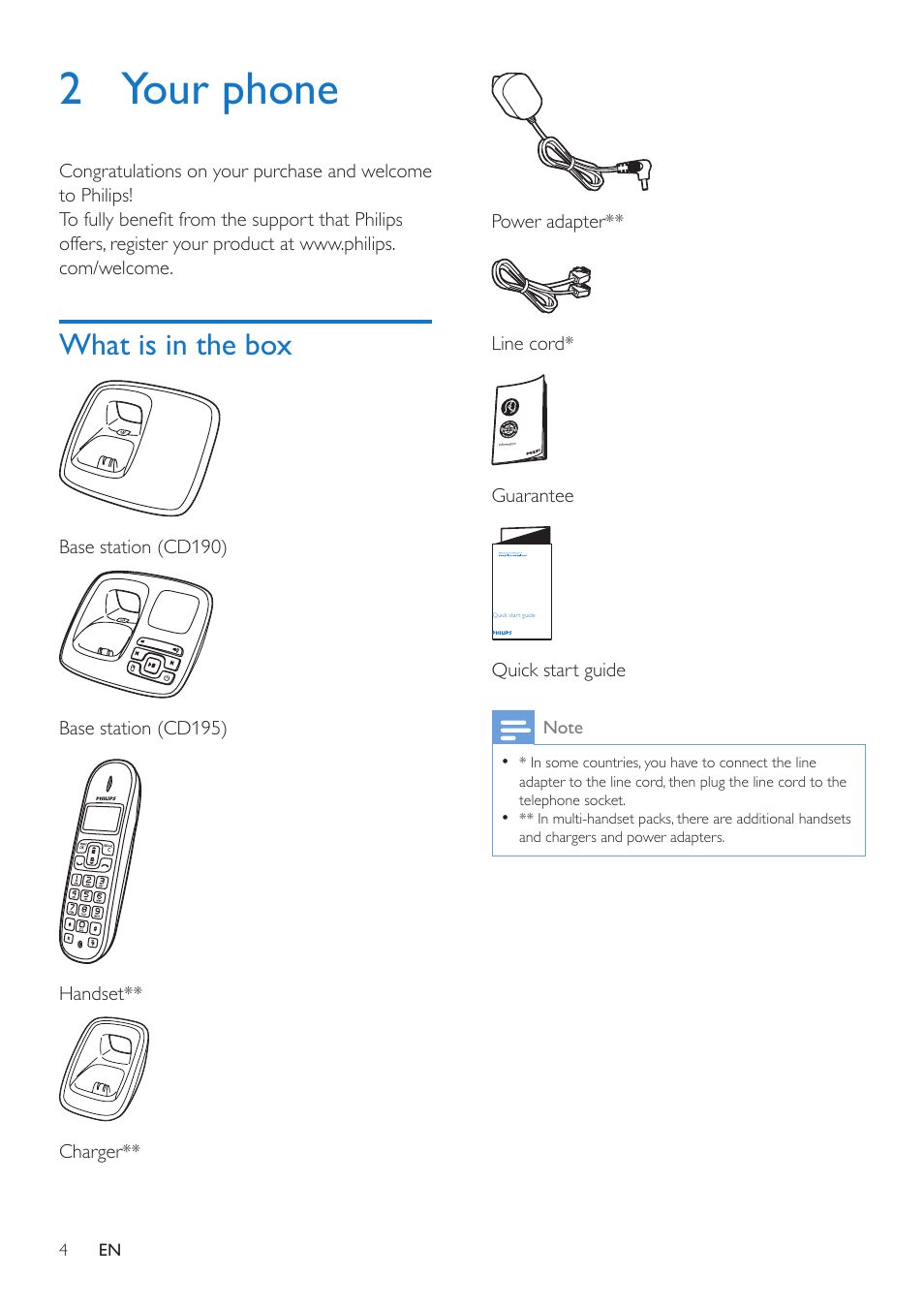 2 your phone, What is in the box | Philips CD190 User Manual | Page 6 / 36